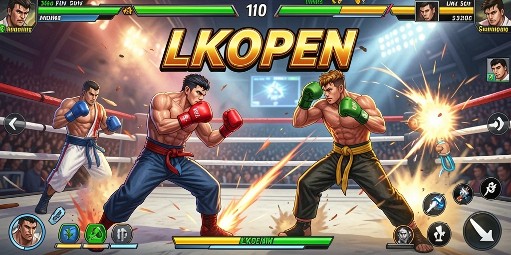 Tampilan gameplay LKOPEN yang mendebarkan dan penuh aksi di arena pertarungan.