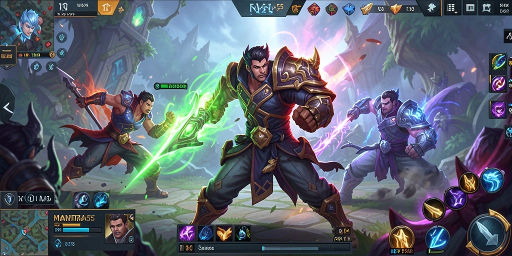 Tampilan gameplay seru MANTRA55 di arena MOBA.