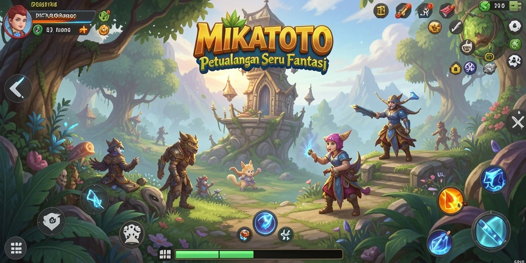 Screenshot MIKATOTO menampilkan karakter dalam petualangan di dunia fantasi.