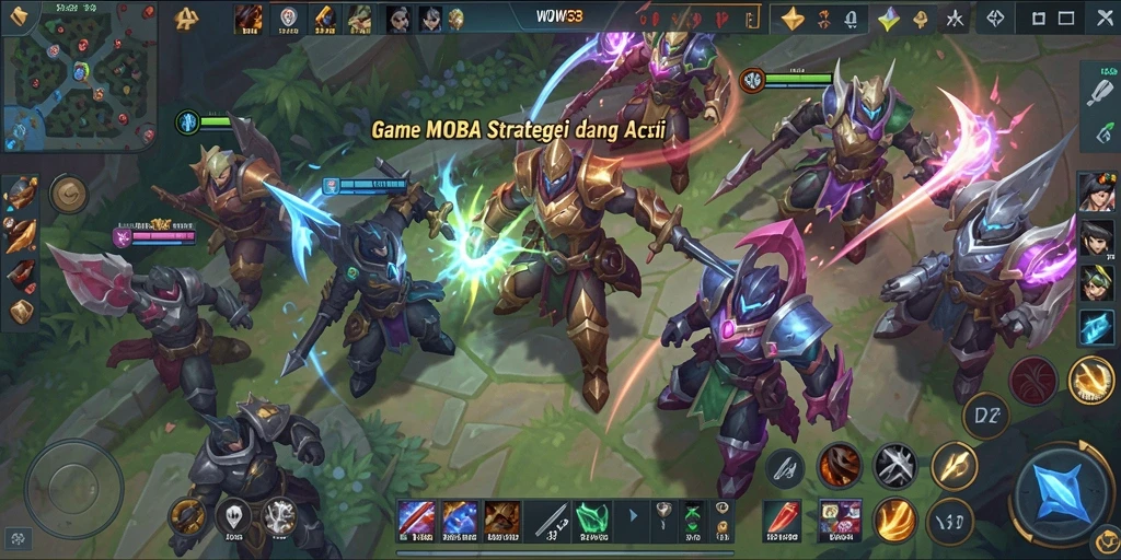 Tampilan gameplay seru dalam arena pertarungan MOBA.