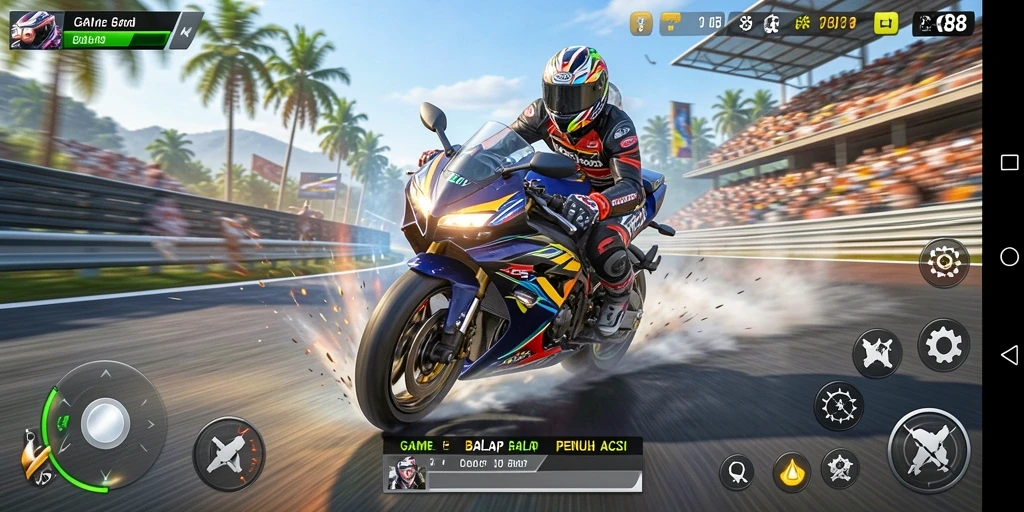 Tampilan gameplay mendebarkan X88 dengan aksi balap motor yang seru.